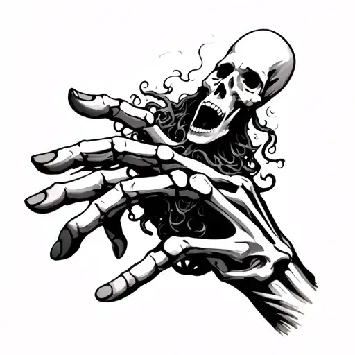 a 4 year old crying medusa reaching up towards a skeleton hand tattoo design idea