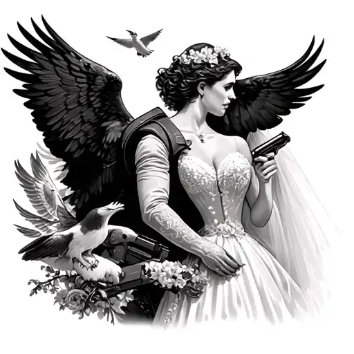American eagle with an arm gun and vest and then a bride with doves on her vail and all over with her back turned  tattoo design idea