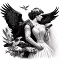 American eagle with an arm gun and vest and then a bride with doves on her vail and all over with her back turned  tattoo design idea