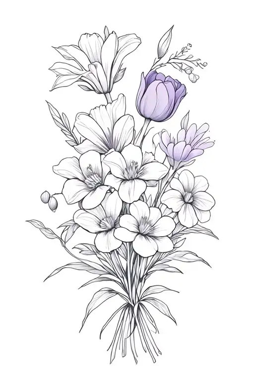 Create a fine line tattoo with a flower bouquet with the following flowers: violet, tulip, cherry blossom, narcissus and tattoo design idea