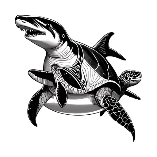 shark, dolphins, sea turtle, Aztec temple tattoo design idea