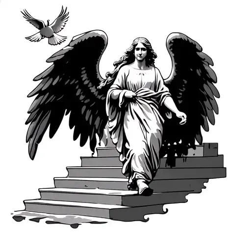 memorial tattoo of angel walking up stairs to heaven with a dove around tattoo design idea
