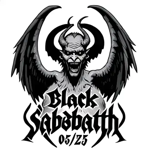black sabbath winged demon with Ozzy text and the date 05/07/25 tattoo design idea