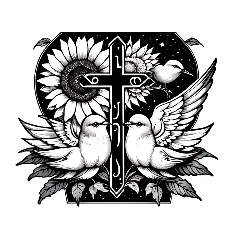 unalome symbol with lotus sunflower cross october cosmos present 3 small birds angel wing initials w t tattoo design idea