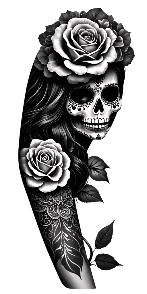 La Catrina (Mexican goddess of death) head including a rose height elbow on the upper arm, forearm away to the sky tattoo design idea