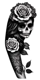 La Catrina (Mexican goddess of death) head including a rose height elbow on the upper arm, forearm away to the sky tattoo design idea