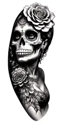 La Catrina (Mexican goddess of death) head including a rose height elbow on the upper arm, forearm away to the sky tattoo design idea