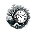 Tree, waves, clock 11:11 hidden inside tattoo design idea