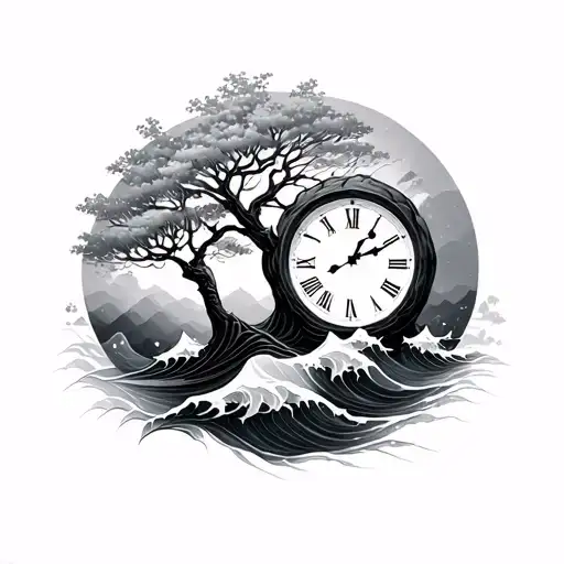 Tree, waves, clock 11:11 hidden inside tattoo design idea