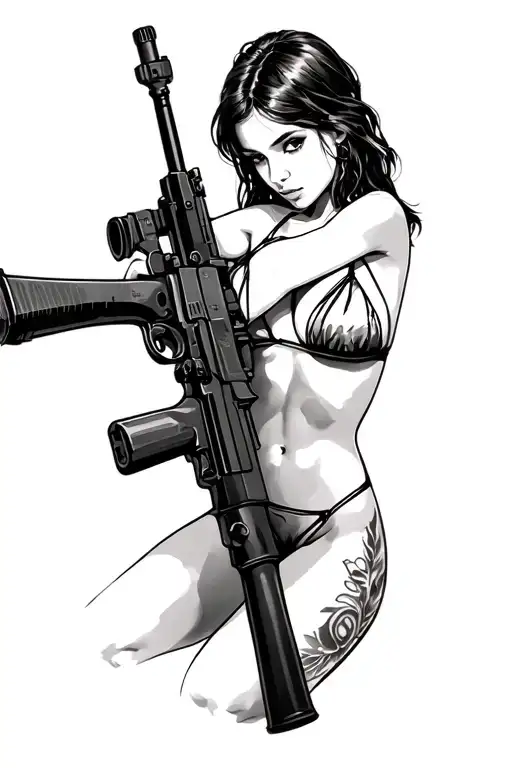 modern military girl in bikini resting on a 50cal machine gun tattoo design idea