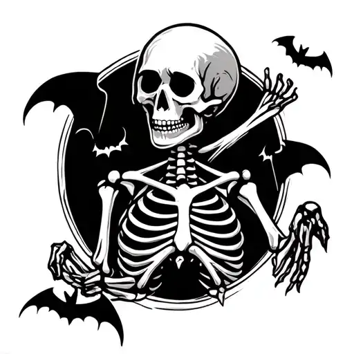 skeleton and bats Halloween theme tattoo design idea