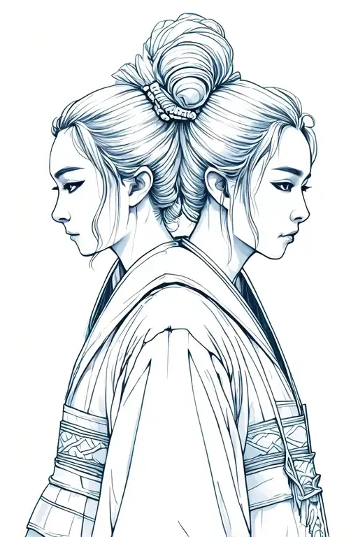Samurai Warrior Standing Back To Back Women's Face tattoo design idea