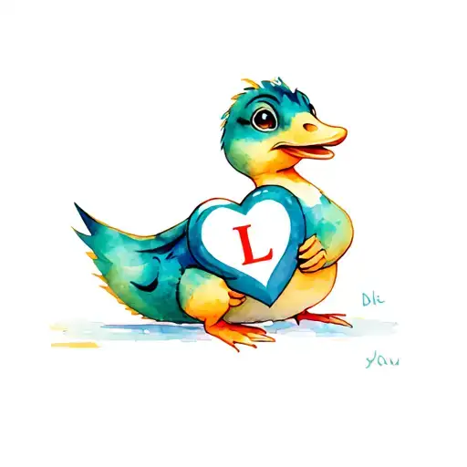 ducky from land before time holding a heart with the letter L in the middle of the heart  tattoo design idea