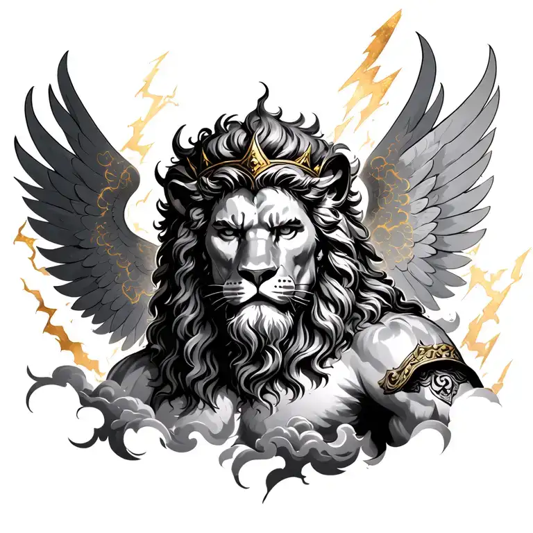 Zeus with a lion head, storm crown, wings spread across his shoulders, thunder and gold clouds behind tattoo design idea