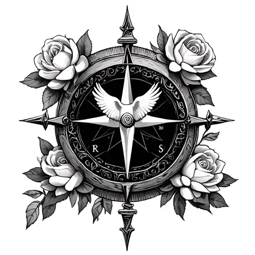 can you create a vintage compass with roses on it, and a dove in the middle, the cross to represent god, and lotus  tattoo design idea