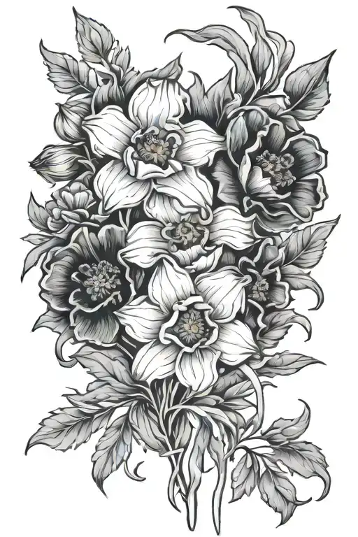 poppy flower, daffodil, larkspur flowers intertwined tattoo design idea