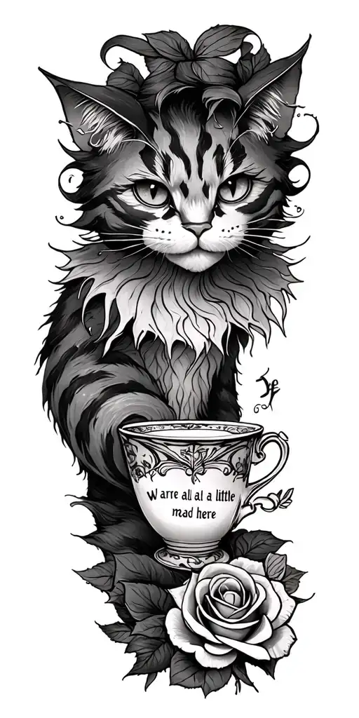 "We are all a little mad here" "We are all a little mad here" cheshire cat with tail intertwined with tea cup and rose tattoo design idea