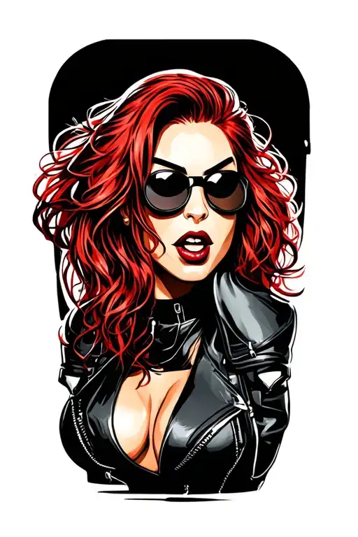create a cartoon egg woman with red hair wearing biker leathers add sunglasses  tattoo design idea