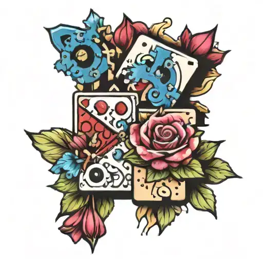 2 dominos, puzzle pieces, and flowers surrounding tattoo design idea