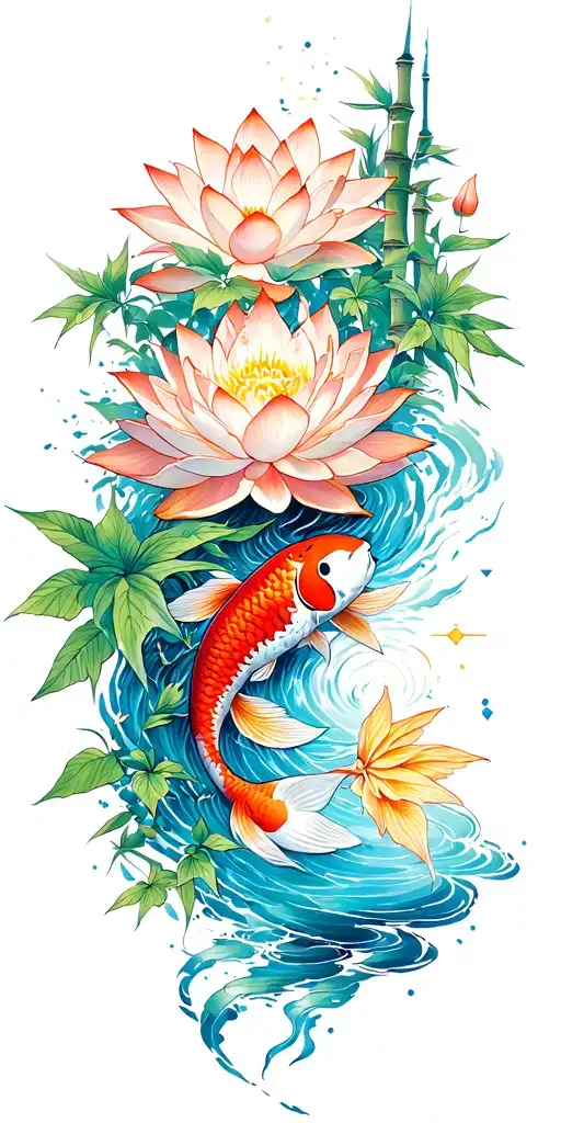 path of enlightenment along sleeve from wrist to shoulder. lotus, water, constellation, koi, bamboo, small house tattoo design idea