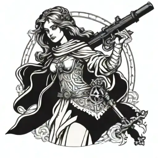 stained glass style drawing of a beautiful young female saint with two cannons crossed  behind her tattoo design idea