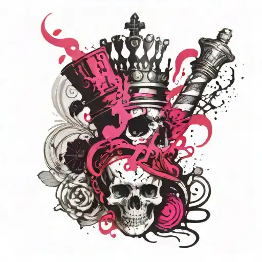 queen chess piece with skull and pink smoke tattoo design idea