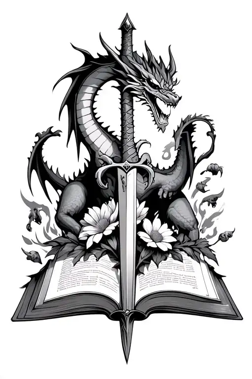 dragon clutching a sword piercing a book with flowers and fire and small fantasy creatures climbing out of the book tattoo design idea