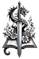 dragon clutching a sword piercing a book with flowers and fire and small fantasy creatures climbing out of the book tattoo design idea