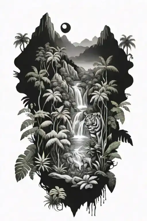 rainforest with jungle animals and mountains tattoo design idea