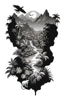 rainforest with jungle animals and mountains tattoo design idea