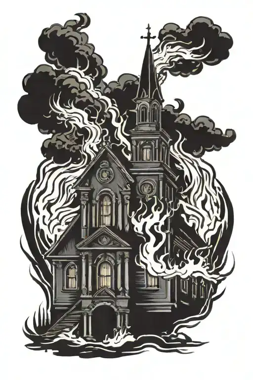  burning church black and fire tattoo design idea
