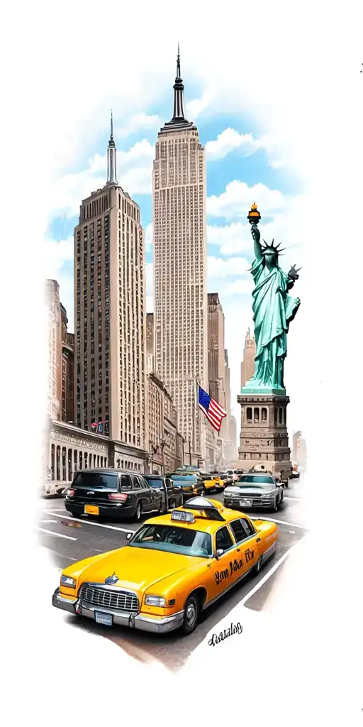 new york inspired tattoo design incorporating yellow taxi, Empire State Building, Statue of Liberty, 5th avenue tattoo design idea