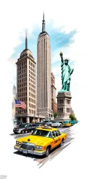 new york inspired tattoo design incorporating yellow taxi, Empire State Building, Statue of Liberty, 5th avenue tattoo design idea