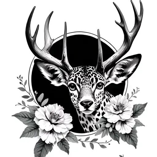 antlers and flowers blooming with leopard print surrounding  tattoo design idea