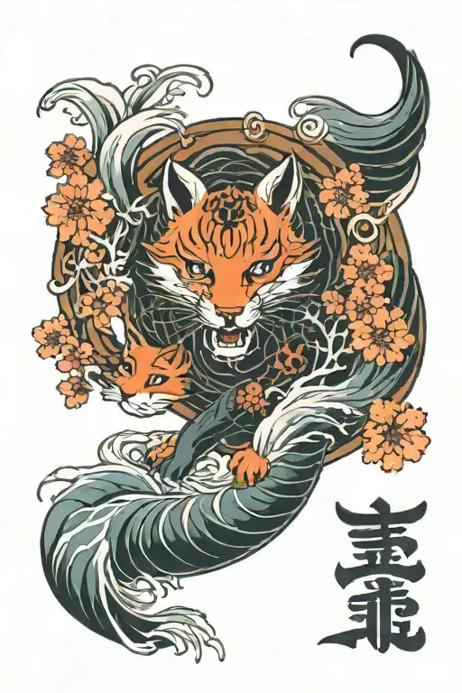 Cherry blossom Sakura and Waves and Nine tailed fox and japanese gate and japanese krane and lucky cat and koi fish tattoo design idea