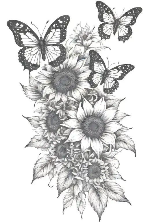 single  sunflowers and butterflies tattoo design idea
