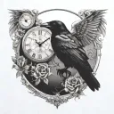 raven and skull with clock face back ground tattoo design idea