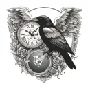 raven and skull with clock face back ground tattoo design idea