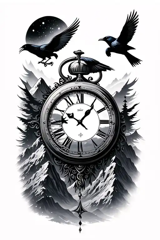 black out space background, mountains, crows, time piece tattoo design idea