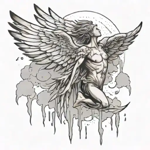 Icarus with dripping wings falling through a cloud tattoo design idea