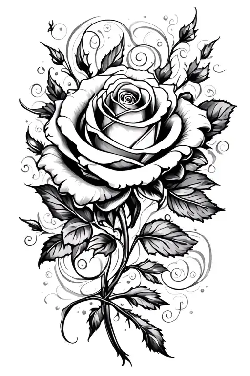 A black-grey tattoo of the enchanted rose from Beauty and the Beast surrounded by magical swirls and sparkles tattoo design idea