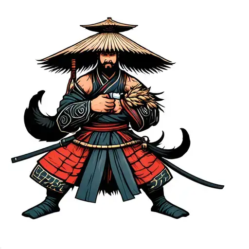 Samuria Ronin Samurai Warrior Holding Catana Wearing Rice Hat tattoo design idea