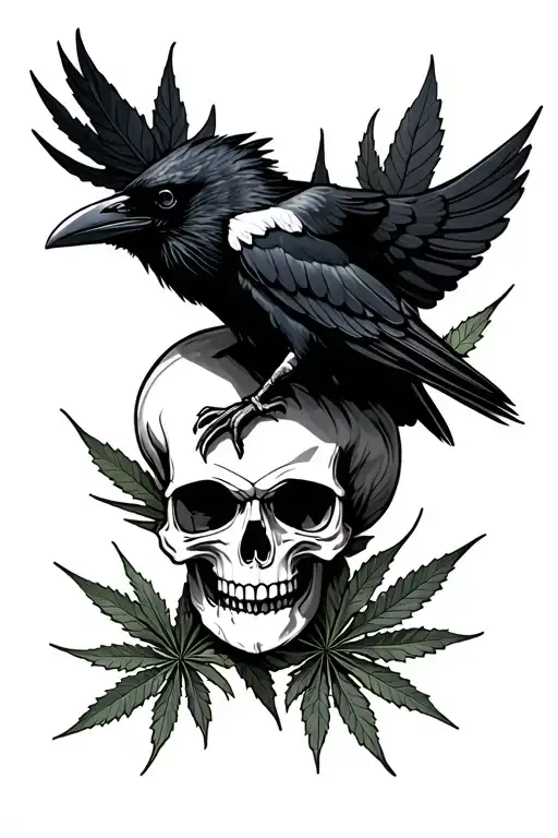 skull with a raven and weed leaves tattoo design idea