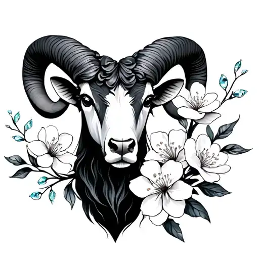 Aries zodiac with cherry blossom flowers and aquamarine  tattoo design idea