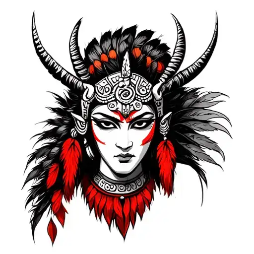 oni mask with lolf and red indian woman tattoo design idea