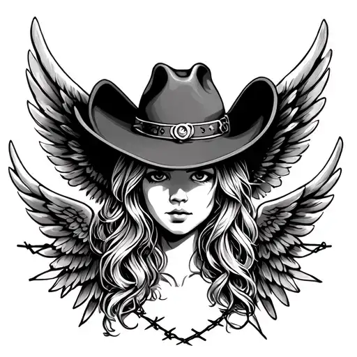 cowboy hat angel wings barbed wire tattoo design idea