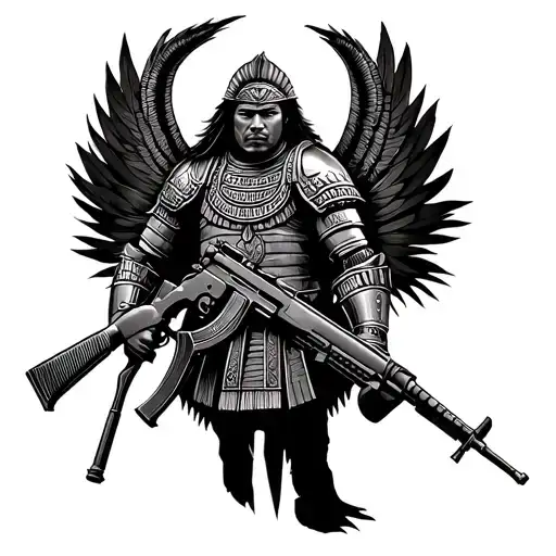 a mayan warrior in templar knight style armor made from Quetzalcoatl serpent feathers holding an russian AK-47  tattoo design idea