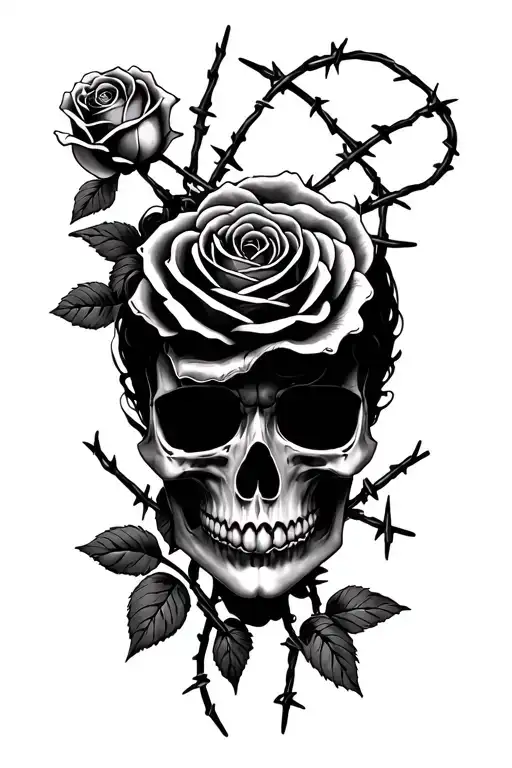 Skull woman face, rose, barbed wire tattoo design idea