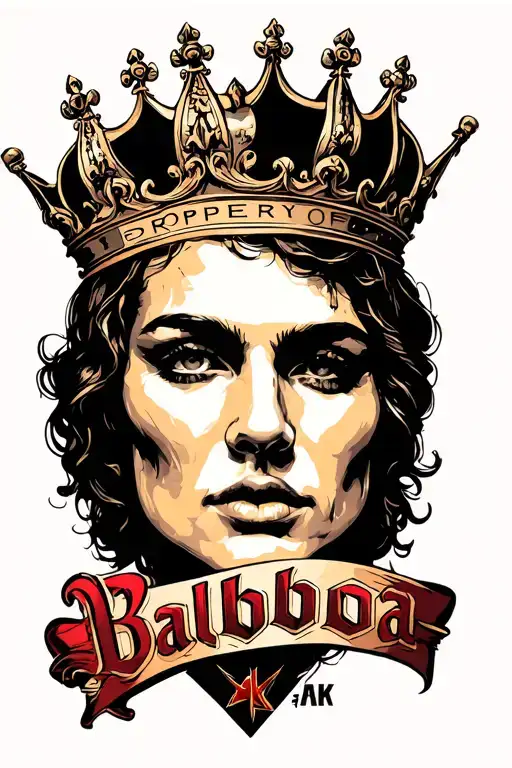 write "property of Balboa" in gothic style with crown on top tattoo design idea