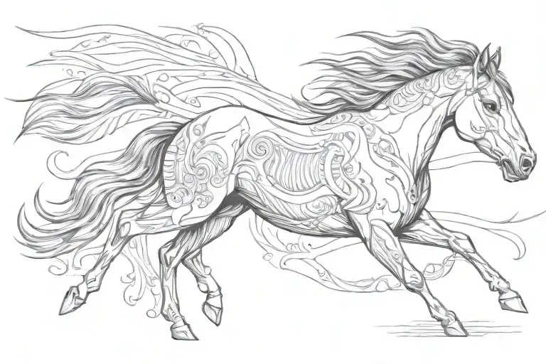 wild mustang galloping from the front, I want to include a feather, and tribal symbols tattoo design idea